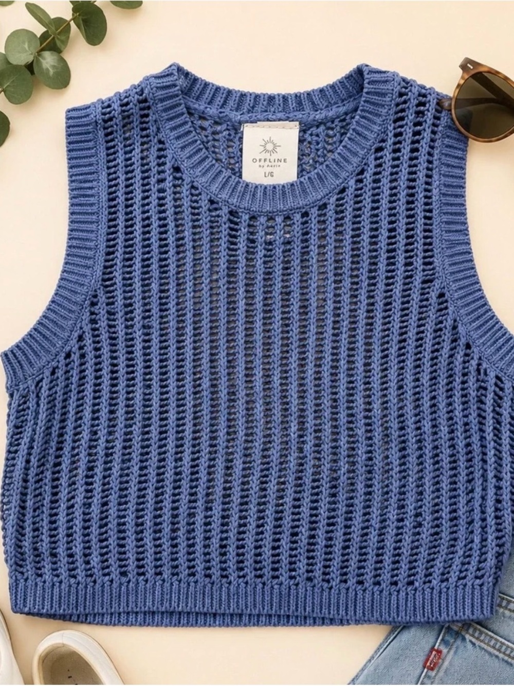 Women’s Blue Open-Knit Sleeveless Tank Top